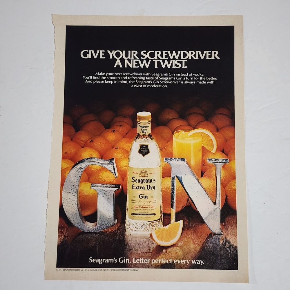 Vintage Print Ad Seagram's Extra Dry Gin orange screwdriver clipping 1983 8x10.5